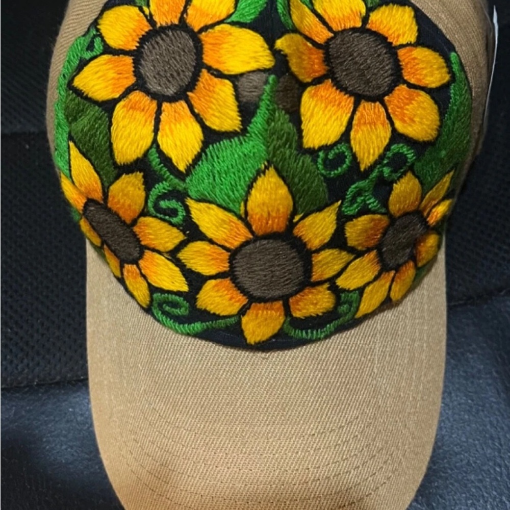 MEXICANA Sunflower Embroidered Cap - Tan and Yellow